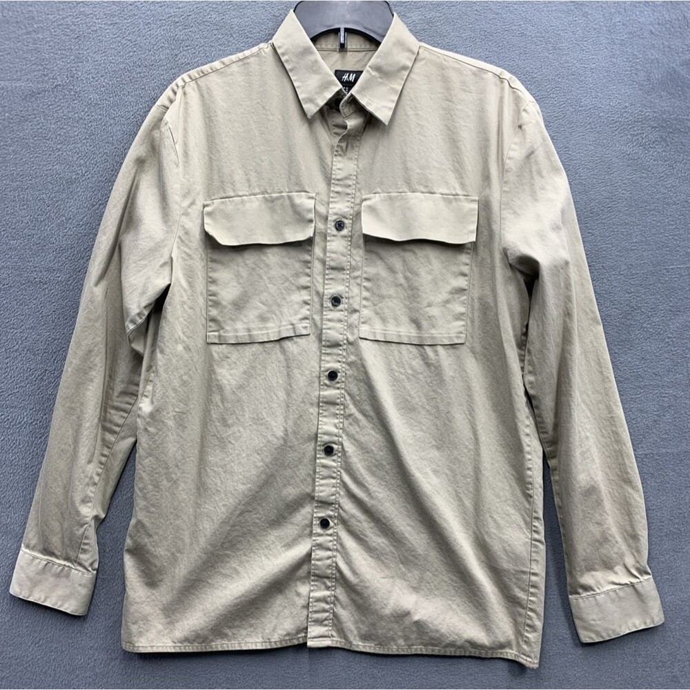 H&M Button Up Shirt Men's Double Chest Flap Pockets Long Sleeve Beige Medium
